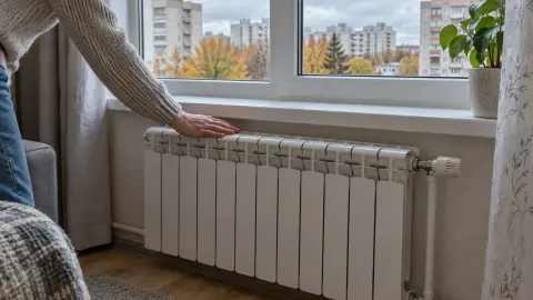 Радиатор отопления в квартире на фоне осеннего города