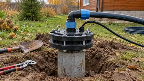 Герметичный оголовок с напорной трубой и кабелем на скважине у частного дома
