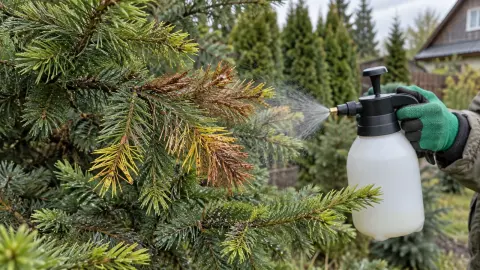 Обработка поражённой хвои садовой ели ручным опрыскивателем