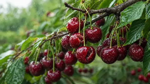 Треснувшие после дождя ягоды черешни на ветке