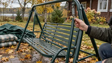 Осмотр крепления садовых качелей осенью