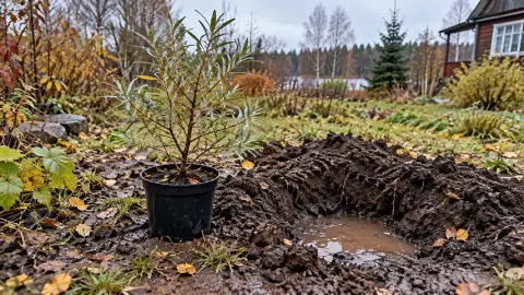 Саженец облепихи рядом с посадочной ямой, наполненной дождевой водой