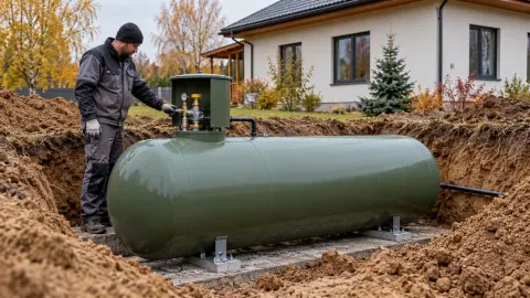 Подземный газгольдер на основании рядом с частным домом перед обратной засыпкой