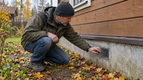 Осмотр продуха в цоколе деревянного дома