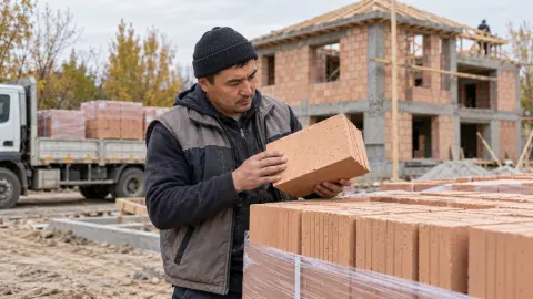 На стройплощадке частного дома осматривают кирпич перед приёмкой поставки