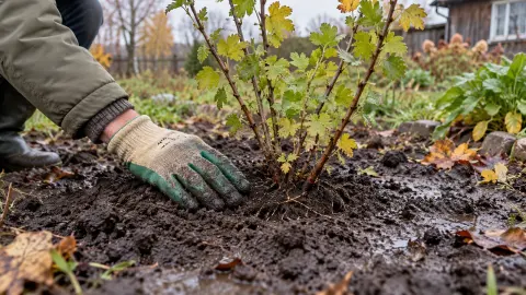 Проверка основания молодого крыжовника после осеннего дождя