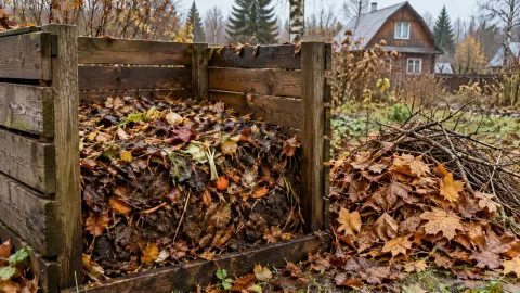 Мокрый компостер после дождей и сухие листья рядом