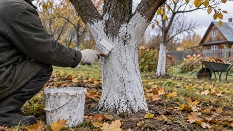 Осенняя побелка ствола плодового дерева в саду