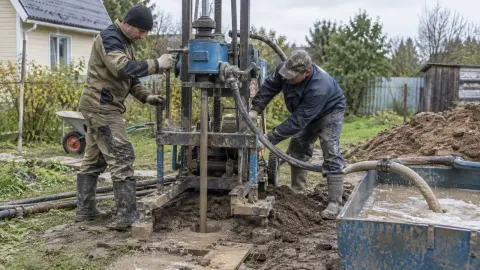 Буровая установка с промывочным шлангом и отстойником на участке загородного дома