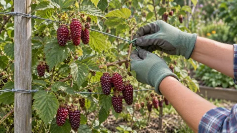 Спелые ягоды ежемалины на побегах, подвязанных к шпалере