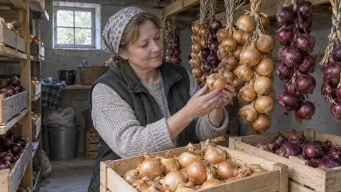 Сухой репчатый лук в косах и деревянных ящиках