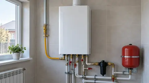 Настенный газовый котёл и трубная обвязка в котельной частного дома.