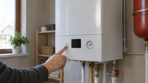 Владелец сбрасывает блокировку на панели настенного газового котла в котельной частного дома.