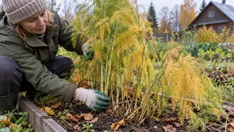 Пожелтевшие и зелёные побеги спаржи на осенней грядке