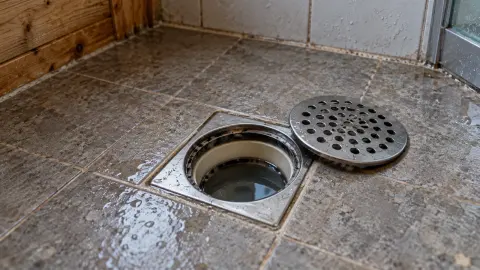 Открытый душевой трап с водой в затворе