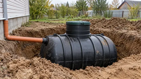 Герметичный канализационный накопитель в котловане у частного дома