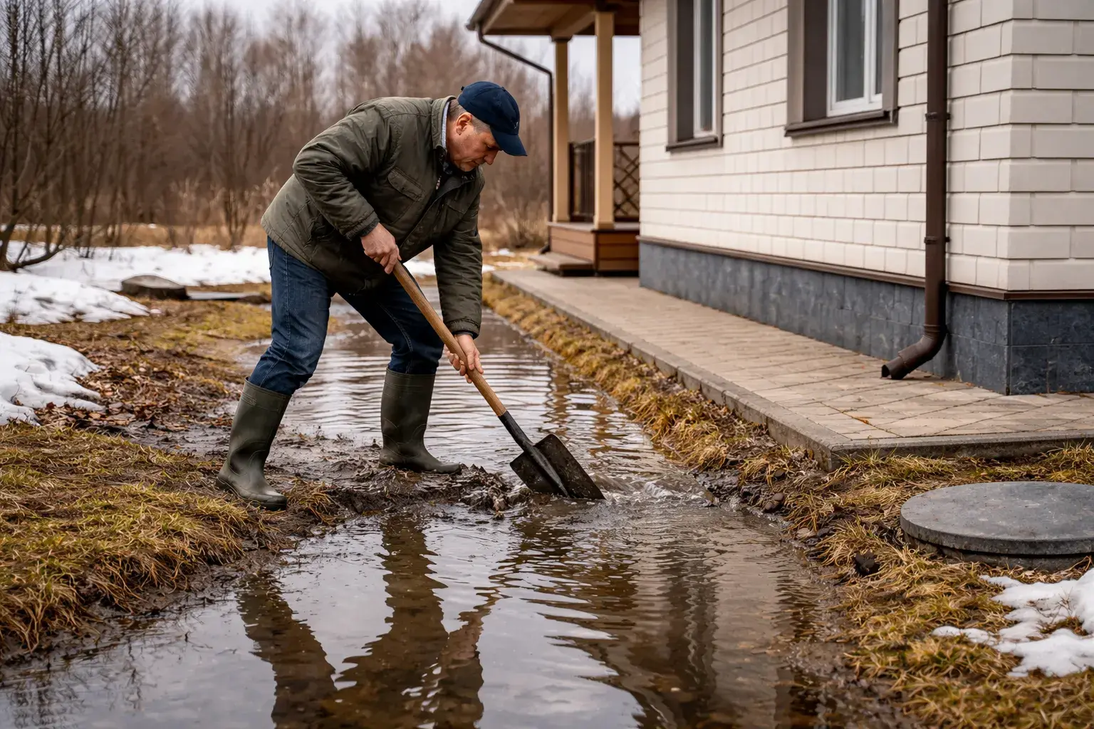 Талая вода на участке весной у частного дома рядом с дорожкой и зоной септика